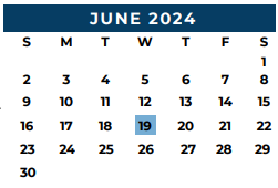 District School Academic Calendar for Brazos Co Juvenile Detention Cente for June 2024