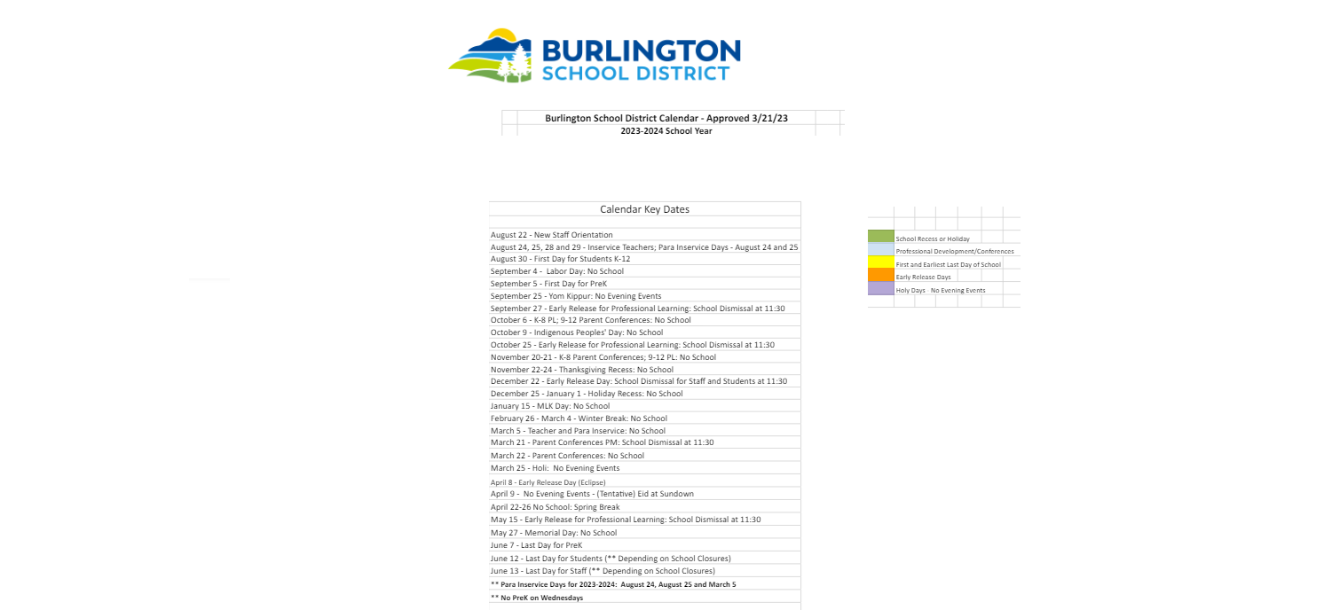 District School Academic Calendar Key for Champlain School