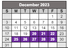 District School Academic Calendar for Caddo Career & Tech Center for December 2023