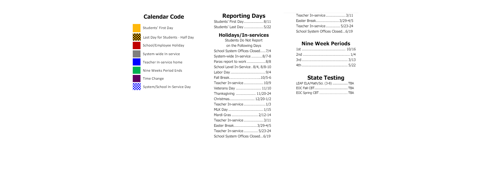 District School Academic Calendar Key for T. S. Cooley Elementary Magnet School