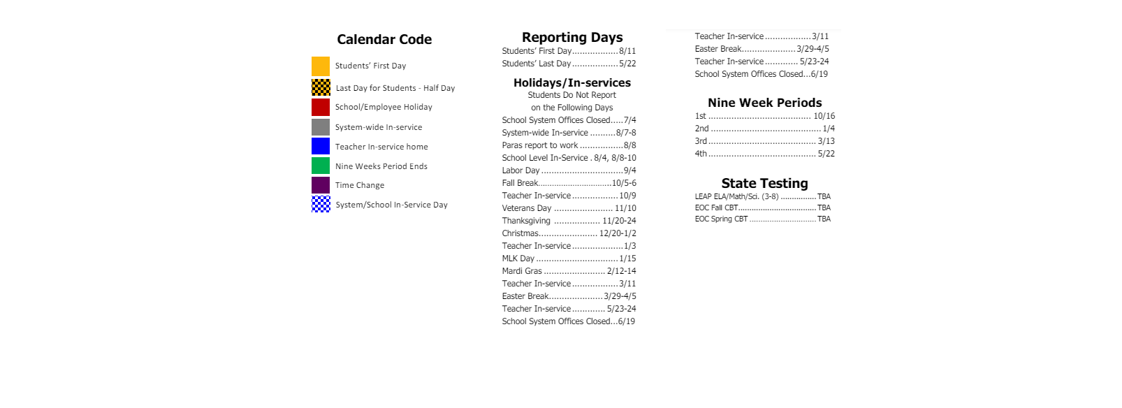 District School Academic Calendar Key for Dolby Elementary School