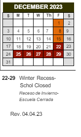 District School Academic Calendar for Marc T. Atkinson Middle School for December 2023