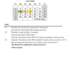District School Academic Calendar for James Island Elementary for June 2024