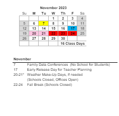 District School Academic Calendar for James Island Elementary for November 2023