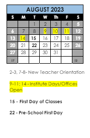 District School Academic Calendar for Centennial School for August 2023