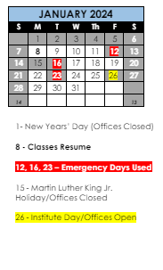 District School Academic Calendar for Independence Preschool for January 2024