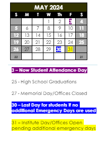 District School Academic Calendar for Otter Creek Elem School for May 2024