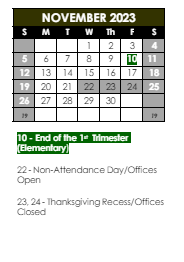 District School Academic Calendar for Harriet Gifford Elem School for November 2023