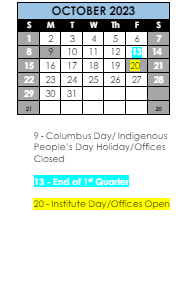 District School Academic Calendar for Centennial School for October 2023