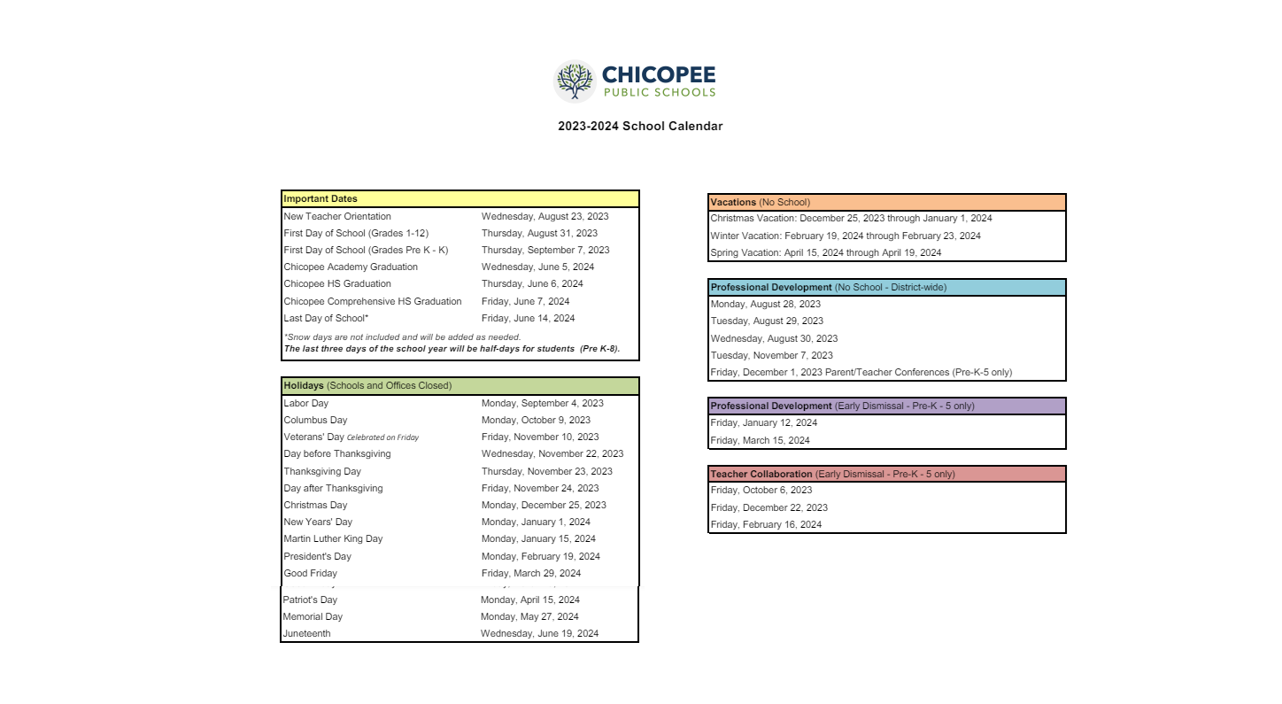 District School Academic Calendar Key for Chicopee Academy