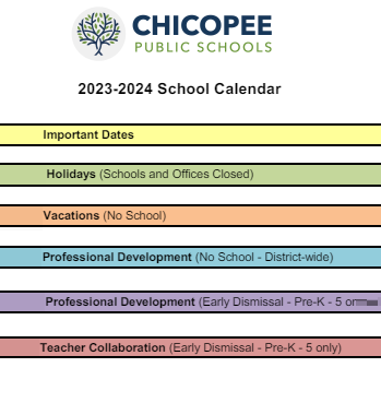 District School Academic Calendar Legend for Chicopee Academy