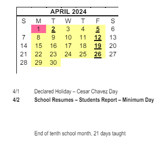 District School Academic Calendar for Casillas (joseph) Elementary for April 2024