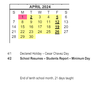 District School Academic Calendar for Otay Elementary for April 2024