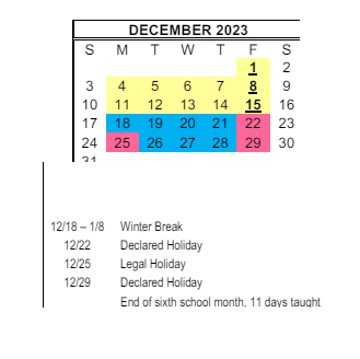 District School Academic Calendar for Marshall (thurgood) Elementary for December 2023