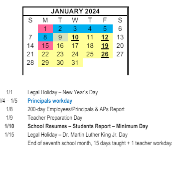 District School Academic Calendar for Sunnyside Elementary for January 2024