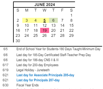 District School Academic Calendar for Sunnyside Elementary for June 2024