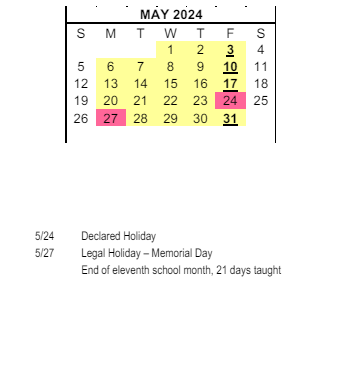 District School Academic Calendar for Allen (ella B.)/DALY (ann) Elementary for May 2024