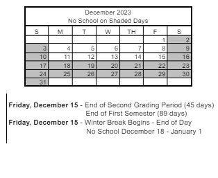 District School Academic Calendar for Duane D. Keller Middle School for December 2023