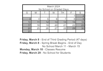 District School Academic Calendar for Duane D. Keller Middle School for March 2024