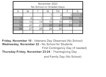 District School Academic Calendar for Duane D. Keller Middle School for November 2023