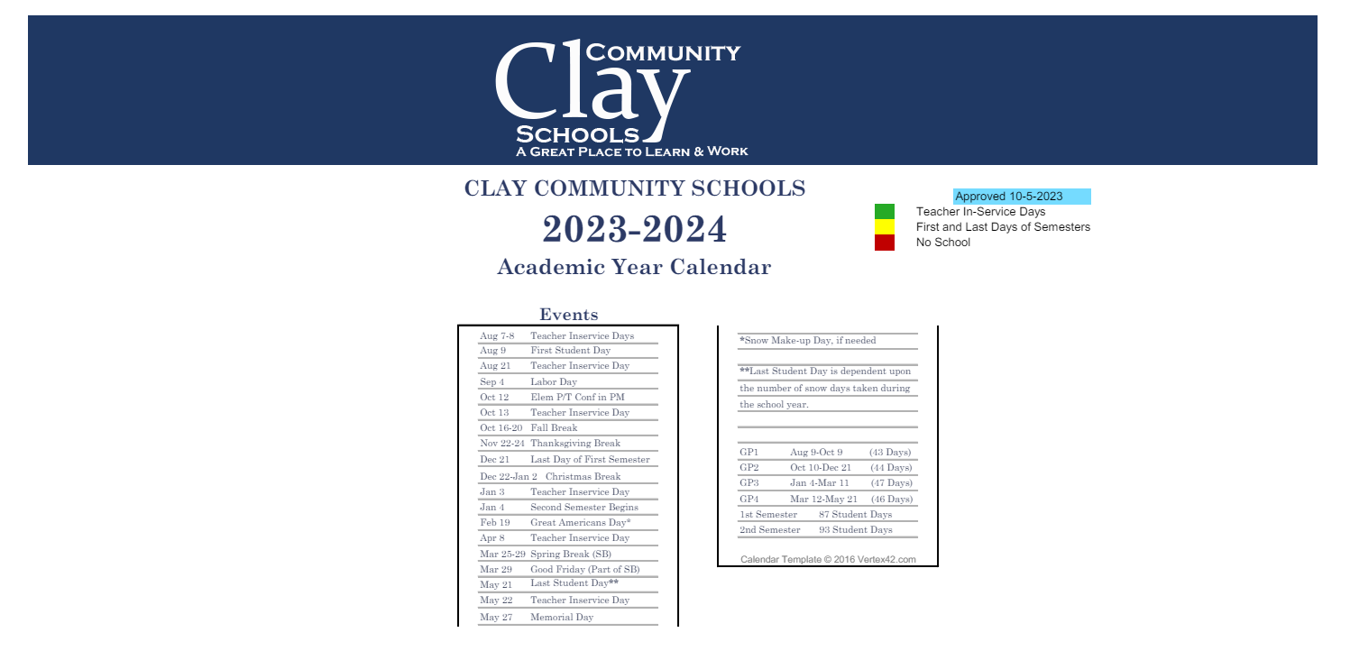 District School Academic Calendar Key for Clay City Jr-sr High School