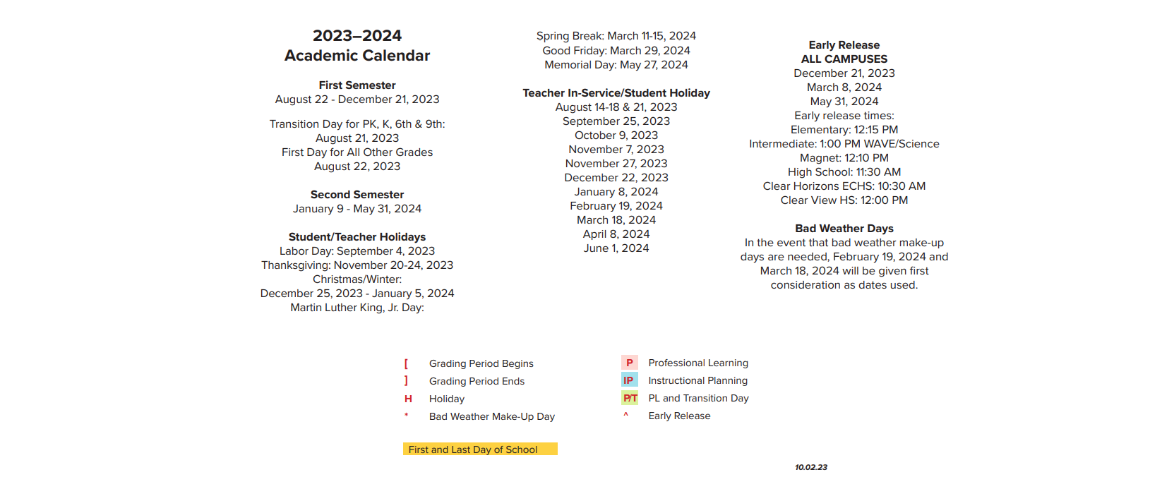 District School Academic Calendar Key for I W And Eleanor Hyde Elementary