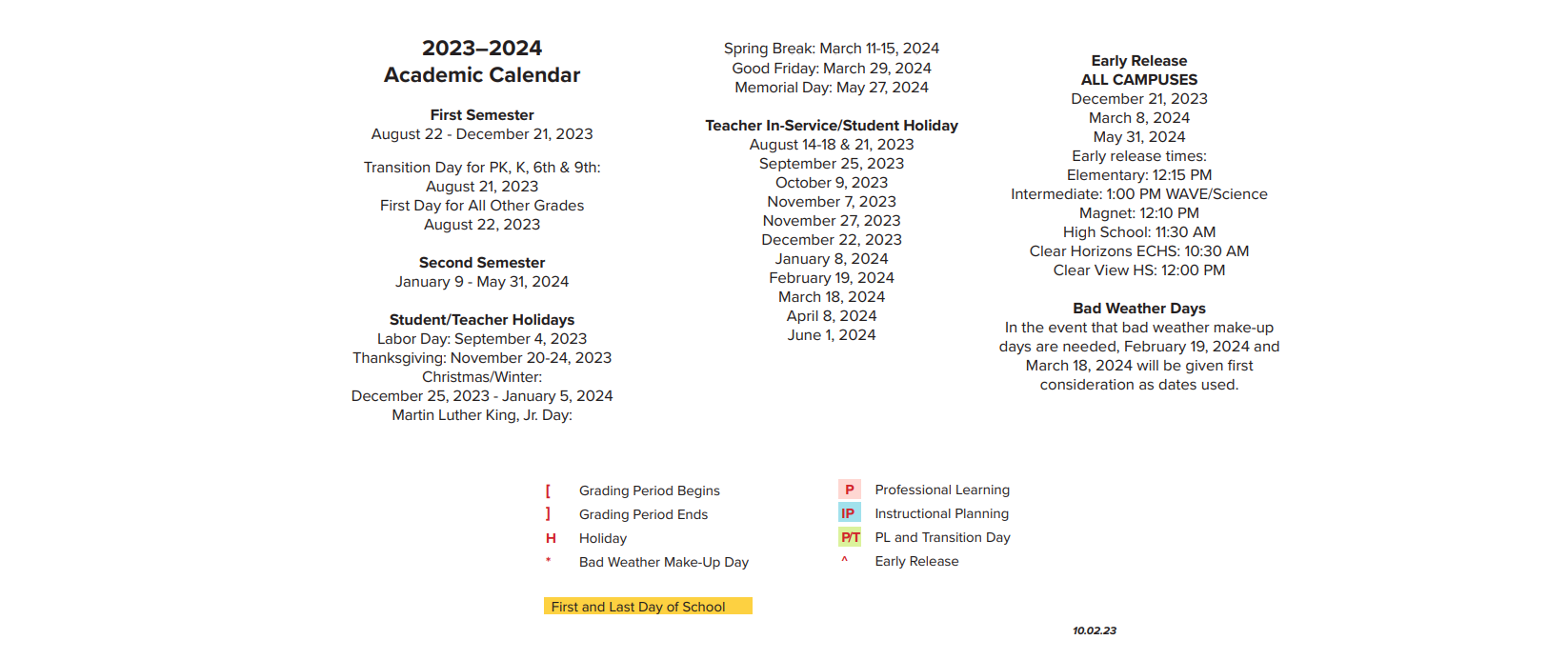 District School Academic Calendar Key for Clear Lake H S