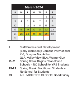 District School Academic Calendar for John F Kennedy High School for March 2024