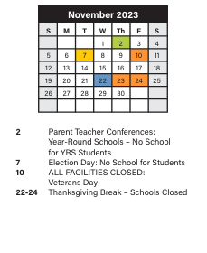 District School Academic Calendar for Clara E Westropp Elementary School for November 2023