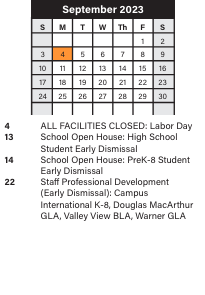 District School Academic Calendar for John F Kennedy High School for September 2023