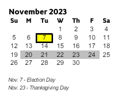 District School Academic Calendar for Milford Elementary School for November 2023