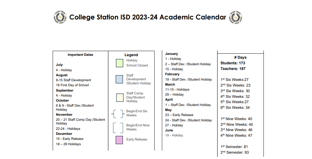 District School Academic Calendar Key for College Station Middle School