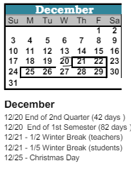 District School Academic Calendar for Hunt Elementary School for December 2023