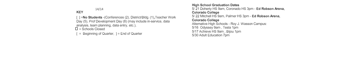 District School Academic Calendar Key for Bijou Alternative Program