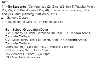 District School Academic Calendar Legend for Bijou Alternative Program