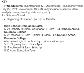 District School Academic Calendar Legend for Palmer High School