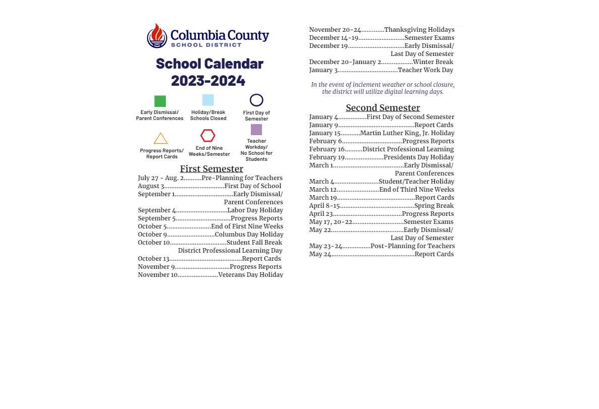 District School Academic Calendar Key for North Columbia Elementary School