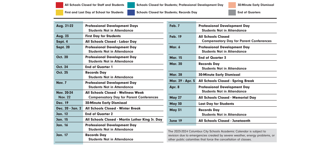 District School Academic Calendar Key for Columbus Spanish Immersion Elementary School