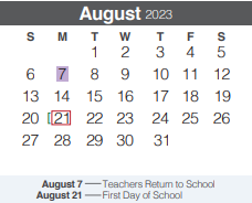 District School Academic Calendar for Spring Branch Middle for August 2023