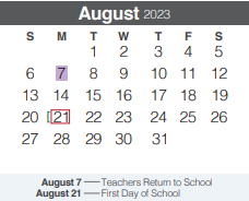 District School Academic Calendar for Smithson Valley Middle for August 2023