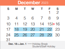 District School Academic Calendar for Bill Brown Elementary School for December 2023