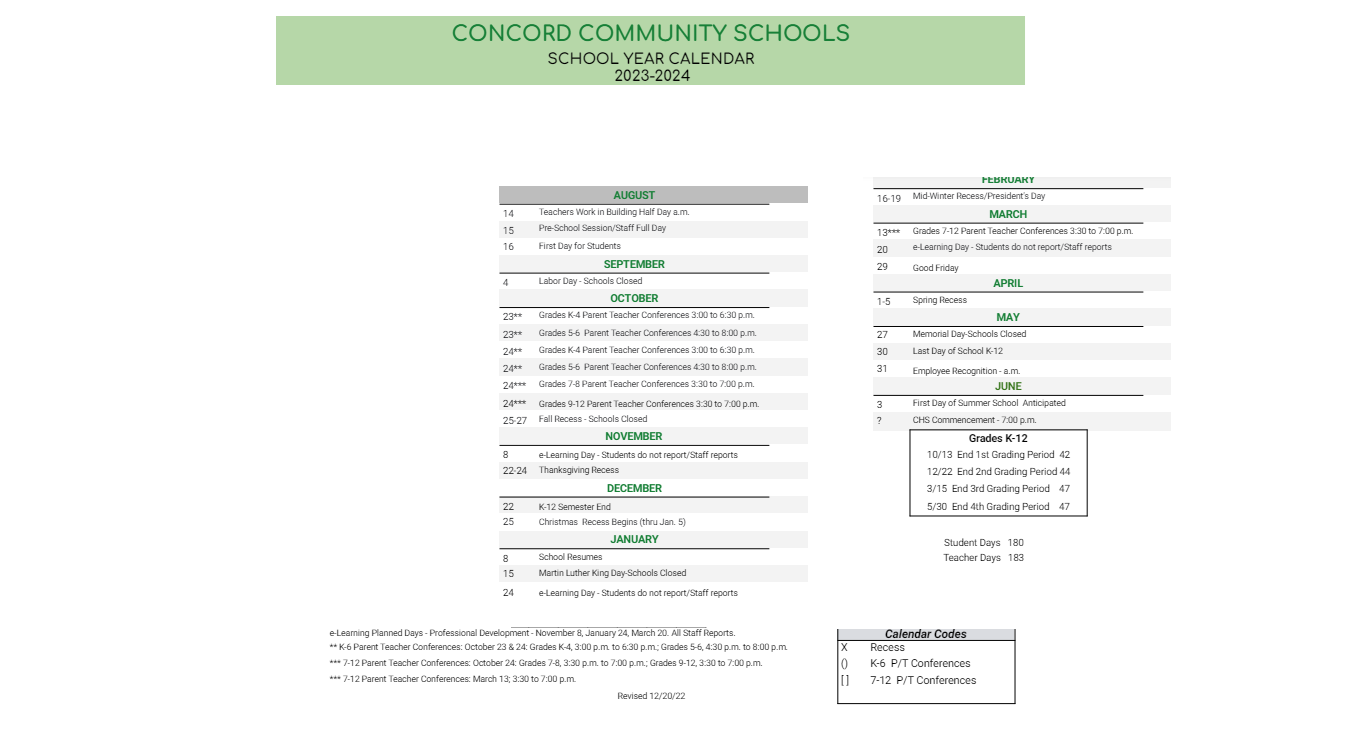 District School Academic Calendar Key for Concord Community High School