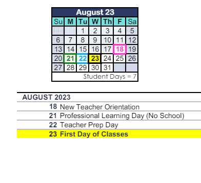 District School Academic Calendar for Walnut Elementary for August 2023