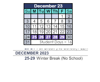 District School Academic Calendar for Walnut Elementary for December 2023