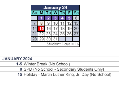 District School Academic Calendar for Colina Middle for January 2024