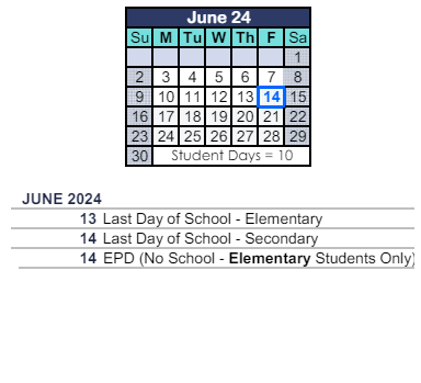 District School Academic Calendar for Walnut Elementary for June 2024