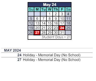 District School Academic Calendar for Park Oaks Elementary for May 2024