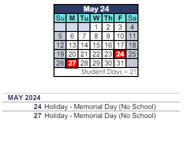 District School Academic Calendar for Westlake Hills Elementary for May 2024