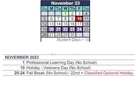 District School Academic Calendar for Weathersfield Elementary for November 2023