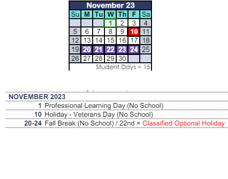 District School Academic Calendar for Ladera Elementary for November 2023